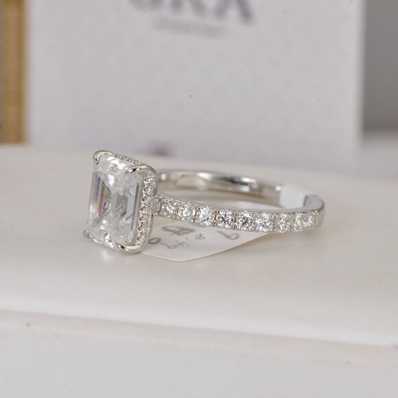 Certified 4.6ct Emerald Cut with Hidden Halo Moissanite Ring 925 Sterling - Picture 3 of 16